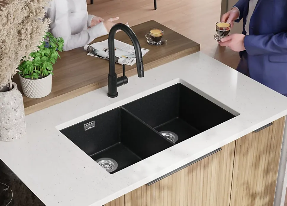 PRIMAGRAN Evier Sous Plan Graphite 76x47cm, Evier en Granit 2 bacs + Kit de Vidage, Évier au meuble 80cm - London Twin