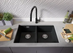 PRIMAGRAN Evier Sous Plan Graphite 76x47cm, Evier en Granit 2 bacs + Kit de Vidage, Évier au meuble 80cm - London Twin