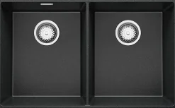 PRIMAGRAN Evier Sous Plan Graphite 76x47cm, Evier en Granit 2 bacs + Kit de Vidage, Évier au meuble 80cm - London Twin