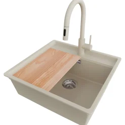 PRIMAGRAN Evier Sous Plan Beige 56x53cm, Evier en Granit 1 bac + Kit de Vidage + Accessoires, Évier au meuble 60cm - Bergen