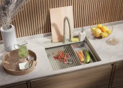 PRIMAGRAN Evier Sous Plan Beige 56x53cm, Evier en Granit 1 bac + Kit de Vidage + Accessoires, Évier au meuble 60cm - Bergen