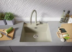 PRIMAGRAN Evier Sous Plan Beige 56x53cm, Evier en Granit 1 bac + Kit de Vidage + Accessoires, Évier au meuble 60cm - Bergen