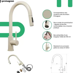 PRIMAGRAN Evier Sous Plan Beige 56x53cm, Evier en Granit 1 bac + Kit de Vidage + Accessoires, Évier au meuble 60cm - Bergen