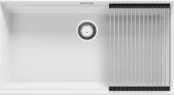 PRIMAGRAN Evier Sous Plan Blanc 86x47cm, Evier en Granit 1 bac + Kit de Vidage + Accessoires, Évier au meuble 90cm - Prague