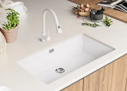 PRIMAGRAN Evier Sous Plan Blanc 86x47cm, Evier en Granit 1 bac + Kit de Vidage + Accessoires, Évier au meuble 90cm - Prague