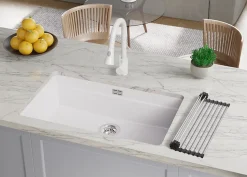 PRIMAGRAN Evier Sous Plan Blanc 86x47cm, Evier en Granit 1 bac + Kit de Vidage + Accessoires, Évier au meuble 90cm - Prague