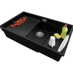 PRIMAGRAN Evier Sous Plan Noir 76x47cm, Evier en Granit 1 bac + Kit de Vidage + Accessoires, Évier au meuble 80cm - Prague