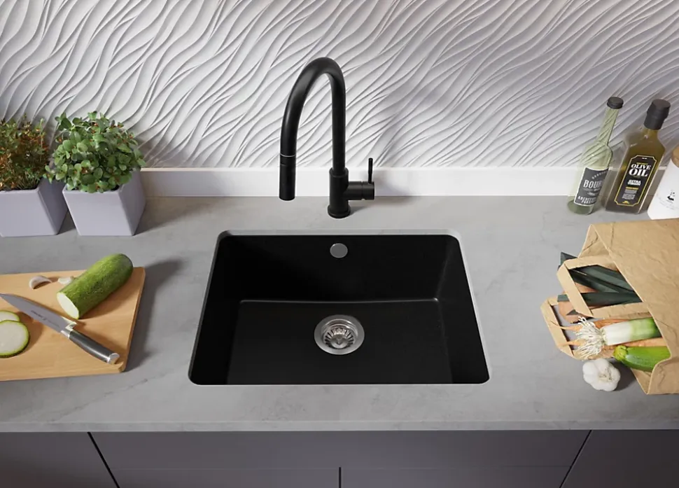 PRIMAGRAN Evier Sous Plan Tout Noir 56x44cm, Evier en Granit 1 bac + Kit de Vidage, Évier au meuble 60cm - Venise Easy