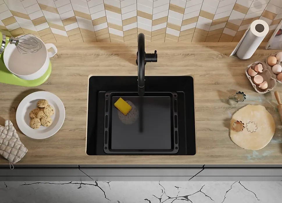 PRIMAGRAN Evier Sous Plan Tout Noir 56x44cm, Evier en Granit 1 bac + Kit de Vidage, Évier au meuble 60cm - Venise Easy