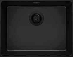 PRIMAGRAN Evier Sous Plan Tout Noir 56x44cm, Evier en Granit 1 bac + Kit de Vidage, Évier au meuble 60cm - Venise Easy