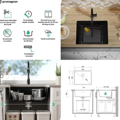 PRIMAGRAN Evier Sous Plan Tout Noir 56x44cm, Evier en Granit 1 bac + Kit de Vidage, Évier au meuble 60cm - Venise Easy