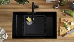 PRIMAGRAN Evier Sous Plan Noir Métallisé 76x47cm, Evier en Granit 1 bac + Kit de Vidage, Évier au meuble 80cm - London