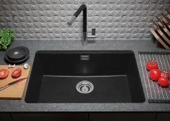 PRIMAGRAN Evier Sous Plan Graphite 66x47cm, Evier en Granit 1 bac + Kit de Vidage, Évier au meuble 70cm - London