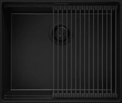 PRIMAGRAN Evier Sous Plan Tout Noir 56x47cm, Evier en Granit 1 bac + Kit de Vidage + Accessoires, Évier au meuble 60cm - Prague