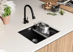 PRIMAGRAN Evier Sous Plan Tout Noir 56x47cm, Evier en Granit 1 bac + Kit de Vidage + Accessoires, Évier au meuble 60cm - Prague