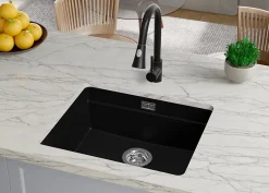 PRIMAGRAN Evier Sous Plan Tout Noir 56x47cm, Evier en Granit 1 bac + Kit de Vidage + Accessoires, Évier au meuble 60cm - Prague