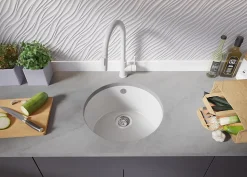 PRIMAGRAN Evier Sous Plan Blanc 46x46cm, Evier en Granit 1 bac + Kit de Vidage + Accessoires, Évier au meuble 50cm - La Valette