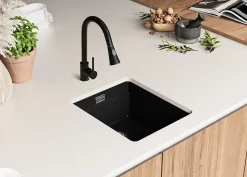 PRIMAGRAN Evier Sous Plan Noir Métallisé 41x47cm, Evier en Granit 1 bac + Kit de Vidage + Accessoires, Évier au meuble 45cm