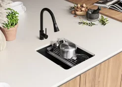 PRIMAGRAN Evier Sous Plan Noir Métallisé 41x47cm, Evier en Granit 1 bac + Kit de Vidage + Accessoires, Évier au meuble 45cm