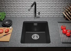 PRIMAGRAN Evier Sous Plan Graphite 41x47cm, Evier en Granit 1 bac + Kit de Vidage, Évier au meuble 45cm - London