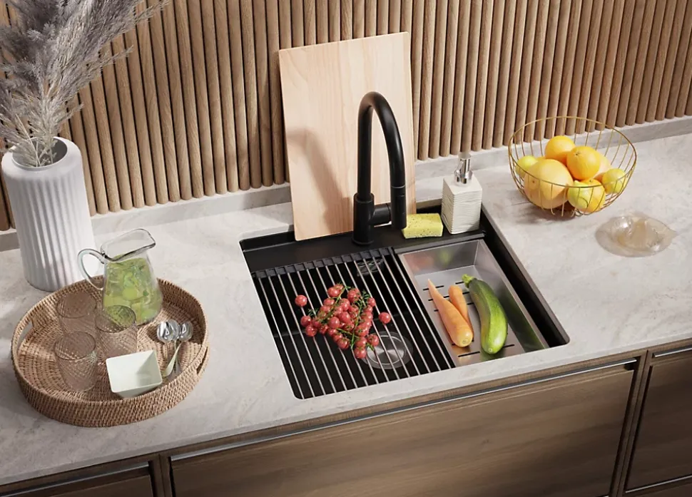 PRIMAGRAN Evier Sous Plan Tout Noir 56x53cm, Evier en Granit 1 bac + Kit de Vidage + Accessoires, Évier au meuble 60cm - Bergen