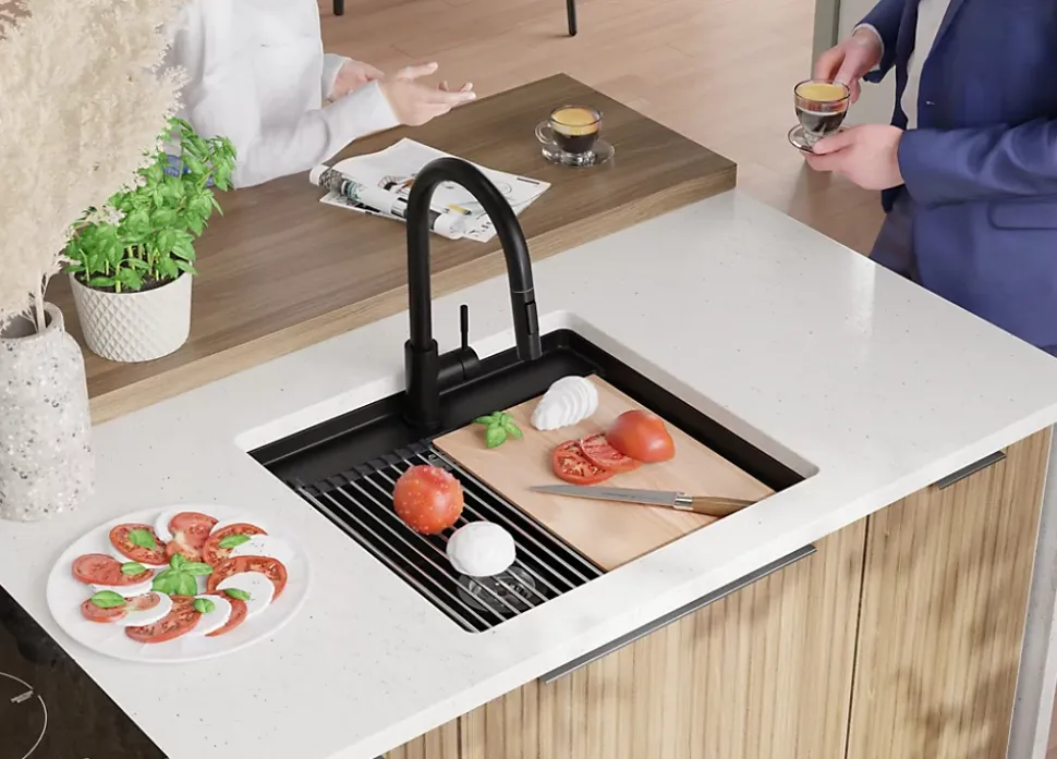 PRIMAGRAN Evier Sous Plan Tout Noir 56x53cm, Evier en Granit 1 bac + Kit de Vidage + Accessoires, Évier au meuble 60cm - Bergen