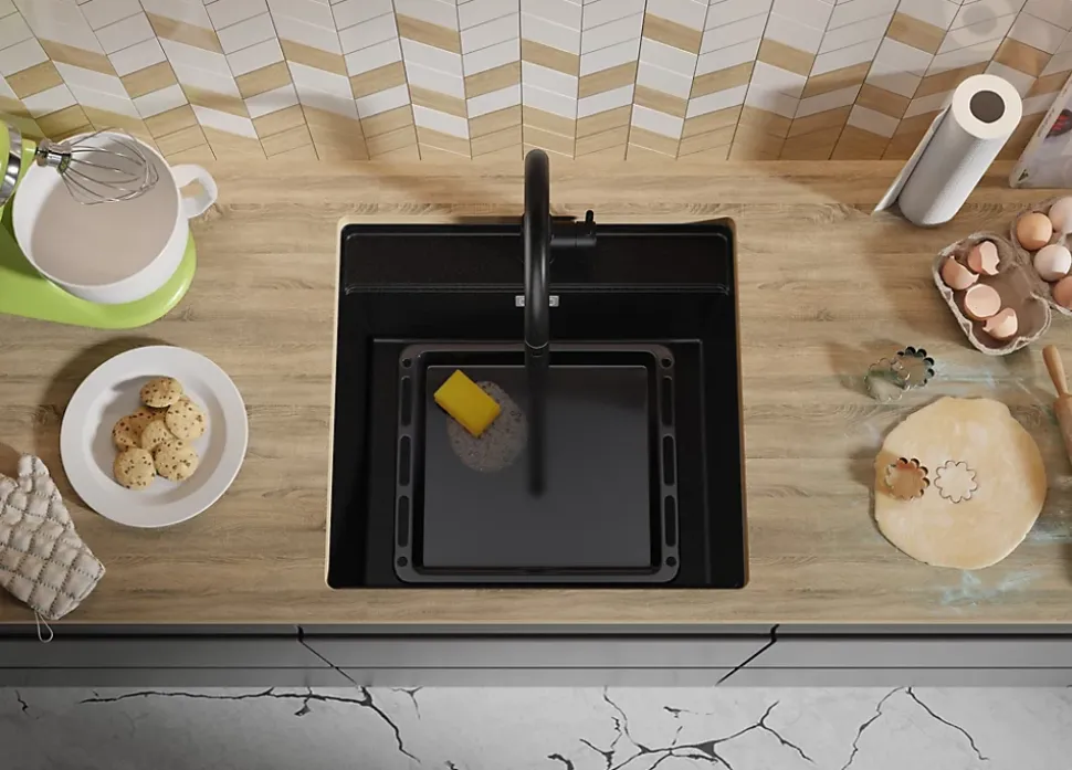 PRIMAGRAN Evier Sous Plan Tout Noir 56x53cm, Evier en Granit 1 bac + Kit de Vidage + Accessoires, Évier au meuble 60cm - Bergen