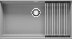 PRIMAGRAN Evier Sous Plan Gris 86x47cm, Evier en Granit 1 bac + Kit de Vidage + Accessoires, Évier au meuble 90cm - Prague