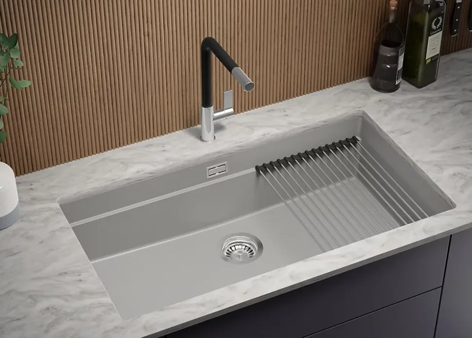 PRIMAGRAN Evier Sous Plan Gris 86x47cm, Evier en Granit 1 bac + Kit de Vidage + Accessoires, Évier au meuble 90cm - Prague