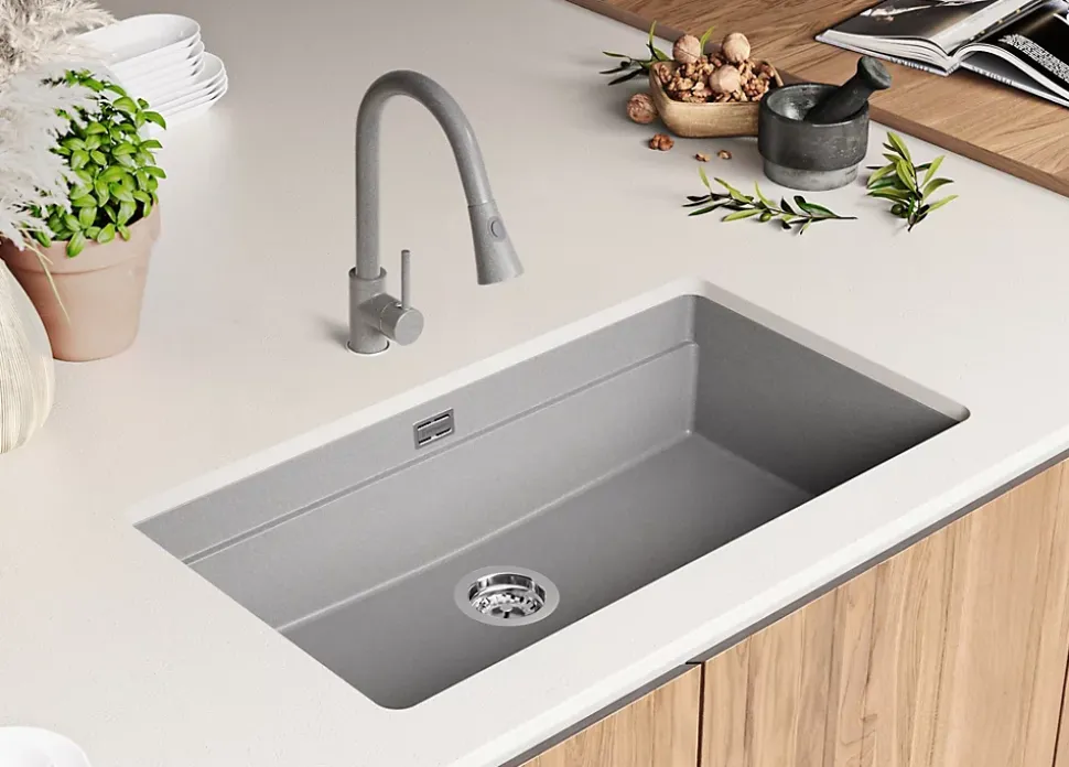 PRIMAGRAN Evier Sous Plan Gris 86x47cm, Evier en Granit 1 bac + Kit de Vidage + Accessoires, Évier au meuble 90cm - Prague