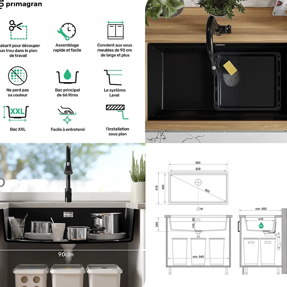 PRIMAGRAN Evier Sous Plan Gris 86x47cm, Evier en Granit 1 bac + Kit de Vidage + Accessoires, Évier au meuble 90cm - Prague