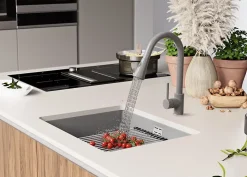 PRIMAGRAN Evier Sous Plan Gris 86x47cm, Evier en Granit 1 bac + Kit de Vidage + Accessoires, Évier au meuble 90cm - Prague