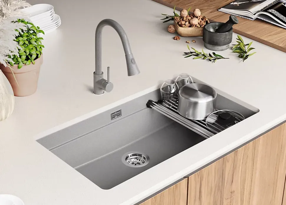 PRIMAGRAN Evier Sous Plan Gris 86x47cm, Evier en Granit 1 bac + Kit de Vidage + Accessoires, Évier au meuble 90cm - Prague