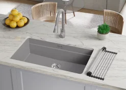 PRIMAGRAN Evier Sous Plan Gris 86x47cm, Evier en Granit 1 bac + Kit de Vidage + Accessoires, Évier au meuble 90cm - Prague