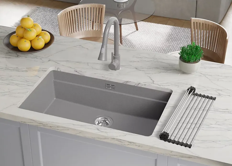 PRIMAGRAN Evier Sous Plan Gris 86x47cm, Evier en Granit 1 bac + Kit de Vidage + Accessoires, Évier au meuble 90cm - Prague