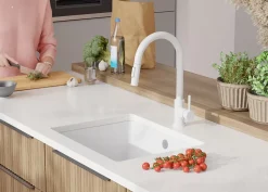 PRIMAGRAN Evier Sous Plan Blanc 56x44cm, Evier en Granit 1 bac + Kit de Vidage, Évier au meuble 60cm - Venise Easy