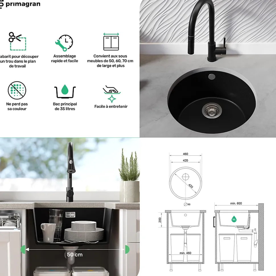 PRIMAGRAN Evier Sous Plan Blanc 46x46cm, Evier en Granit 1 bac + Kit de Vidage, Évier au meuble 50cm - La Valette