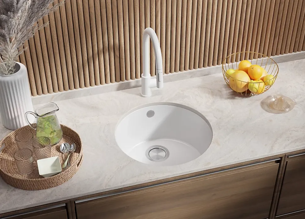 PRIMAGRAN Evier Sous Plan Blanc 46x46cm, Evier en Granit 1 bac + Kit de Vidage, Évier au meuble 50cm - La Valette