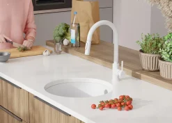 PRIMAGRAN Evier Sous Plan Blanc 46x46cm, Evier en Granit 1 bac + Kit de Vidage, Évier au meuble 50cm - La Valette