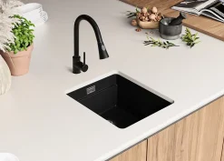 PRIMAGRAN Evier Sous Plan Noir 41x47cm, Evier en Granit 1 bac + Kit de Vidage + Accessoires, Évier au meuble 45cm - Prague