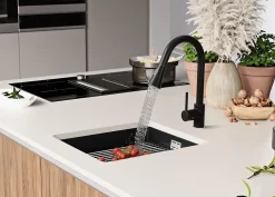 PRIMAGRAN Evier Sous Plan Noir 41x47cm, Evier en Granit 1 bac + Kit de Vidage + Accessoires, Évier au meuble 45cm - Prague