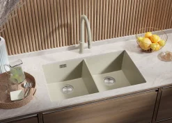 PRIMAGRAN Evier Sous Plan Beige 76x47cm, Evier en Granit 2 bacs + Kit de Vidage, Évier au meuble 80cm - London Twin