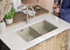 PRIMAGRAN Evier Sous Plan Beige 76x47cm, Evier en Granit 2 bacs + Kit de Vidage, Évier au meuble 80cm - London Twin