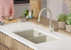 PRIMAGRAN Evier Sous Plan Beige 76x47cm, Evier en Granit 2 bacs + Kit de Vidage, Évier au meuble 80cm - London Twin