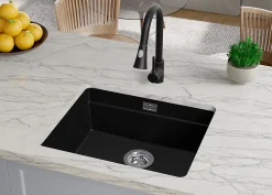 PRIMAGRAN Evier Sous Plan Graphite 56x47cm, Evier en Granit 1 bac + Kit de Vidage + Accessoires, Évier au meuble 60cm - Prague