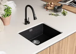 PRIMAGRAN Evier Sous Plan Graphite 56x47cm, Evier en Granit 1 bac + Kit de Vidage + Accessoires, Évier au meuble 60cm - Prague