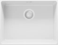 PRIMAGRAN Evier Sous Plan Tout Blanc 56x44cm, Evier en Granit 1 bac + Kit de Vidage, Évier au meuble 60cm - Venise Easy