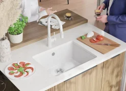 PRIMAGRAN Evier Sous Plan Tout Blanc 56x44cm, Evier en Granit 1 bac + Kit de Vidage, Évier au meuble 60cm - Venise Easy