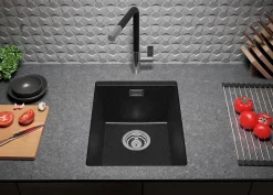 PRIMAGRAN Evier Sous Plan Graphite 36x47cm, Evier en Granit 1 bac + Kit de Vidage, Évier au meuble 40cm - London