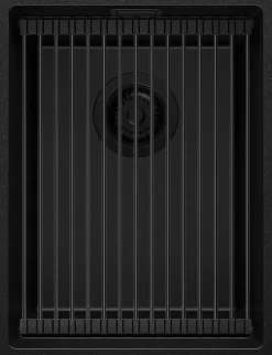 PRIMAGRAN Evier Sous Plan Tout Noir 36x47cm, Evier en Granit 1 bac + Kit de Vidage + Accessoires, Évier au meuble 40cm - Prague